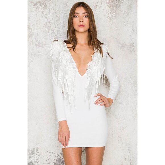💥STUNNING!💥3D Embroidered Lace Appliqué "Angel Wings" Dress in White - Picture 1 of 16
